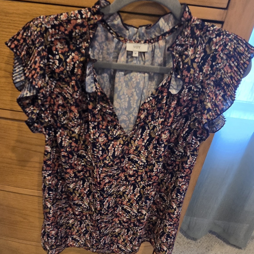 Voy, Women's M Floral Ruffle Sleeve Top - Multicolor, BLUES, ORANGES, TANS